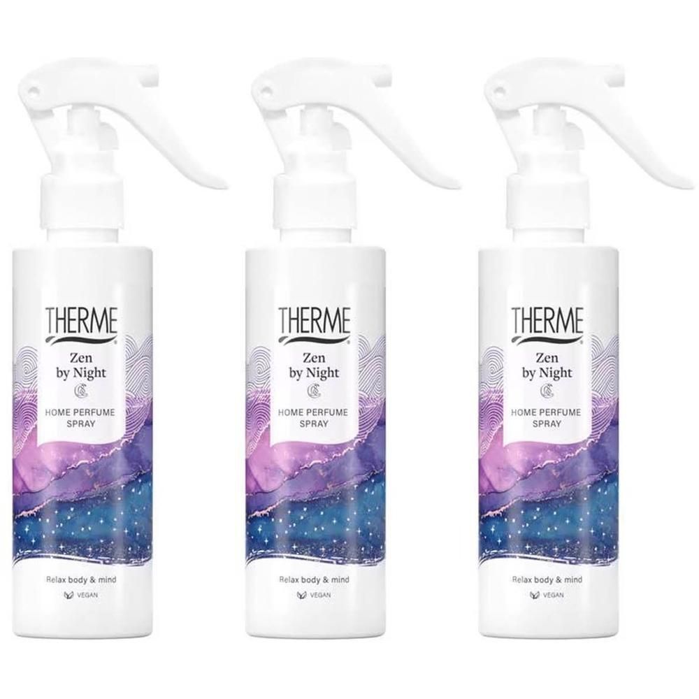 Drie witte spuitflessen "Therme Zen by Night" met een paars-blauw abstract patroon.