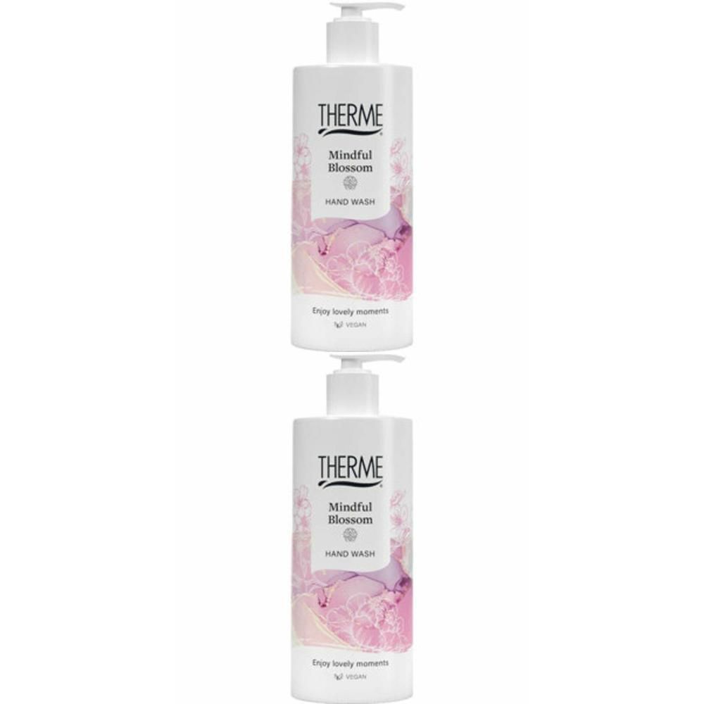 Deux flacons distributeurs blancs avec Therme Mindful Blossom Hand Wash et un motif floral rose.