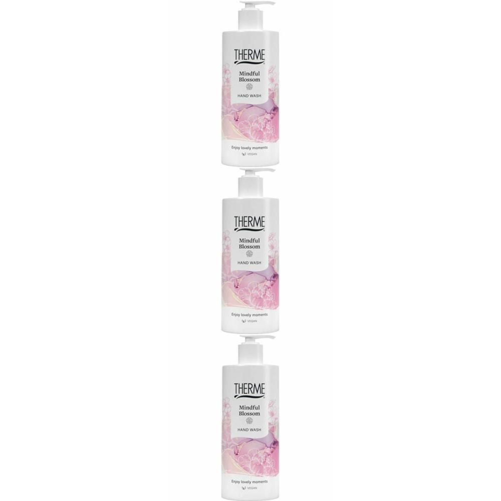 Drie witte pompflesjes met het etiket 'Therme Mindful Blossom Hand Wash'.