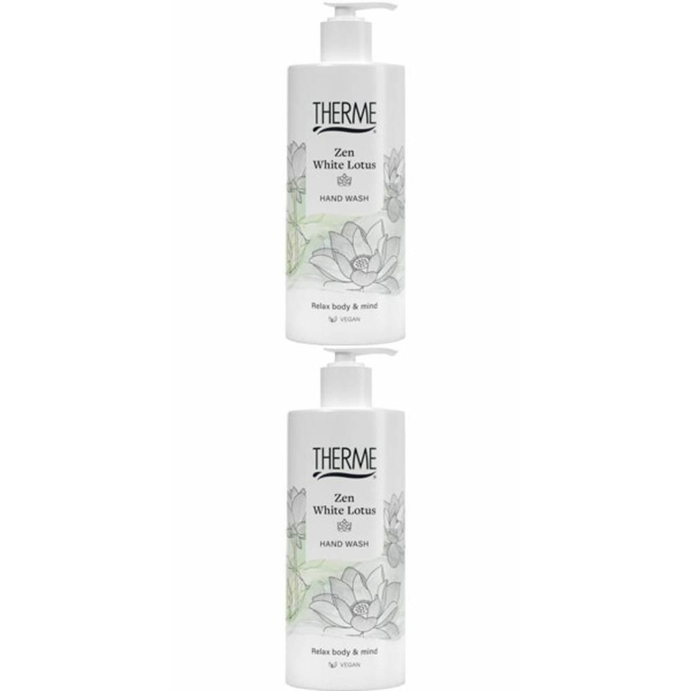 Deux flacons distributeurs blancs de Savon pour les mains Therme Zen White Lotus. Illustration de lotus.