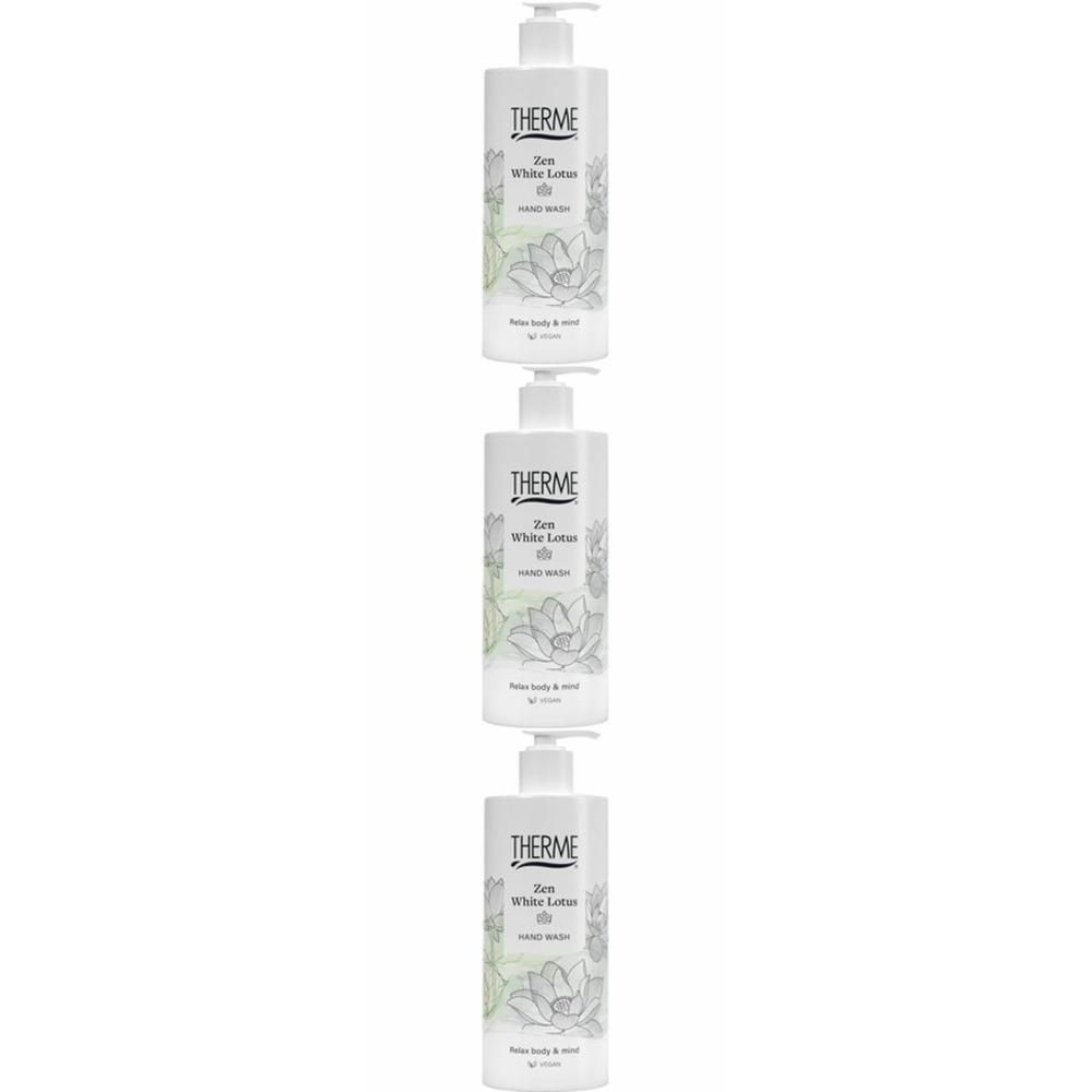 Drie witte pompflesjes met Therme Zen White Lotus Hand Wash en lotusbloemillustratie.