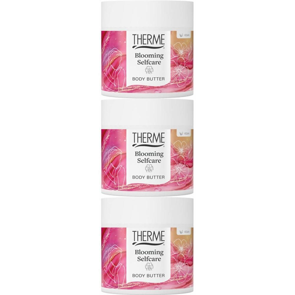 Trois pots de Beurre Corporel Therme Blooming Selfcare avec motif floral.