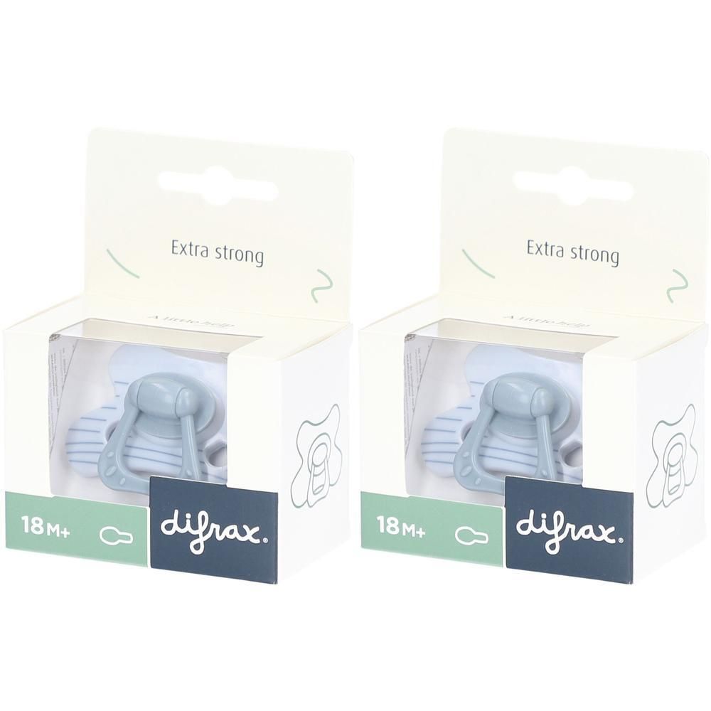 Deux sucettes Difrax en emballage, rayées bleu, dès 18 mois.