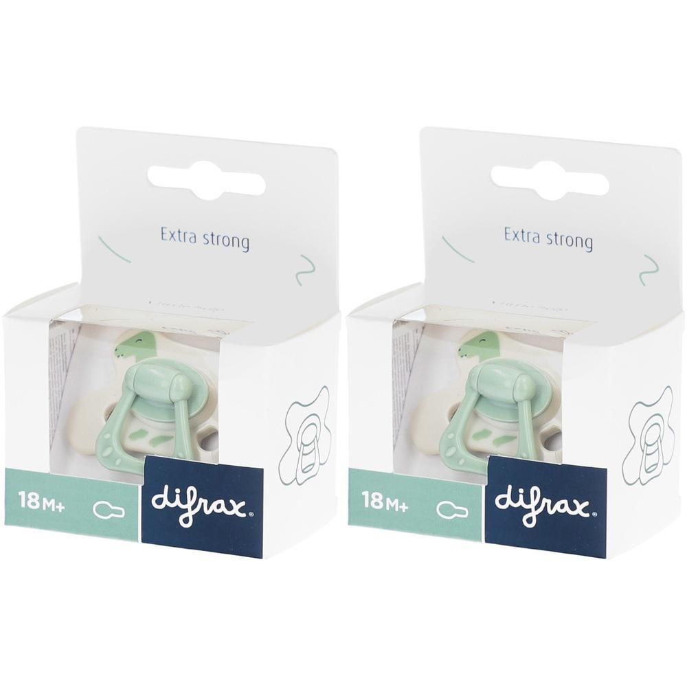 Deux sucettes Difrax "Little Green Dino", 18M+, extra fortes.