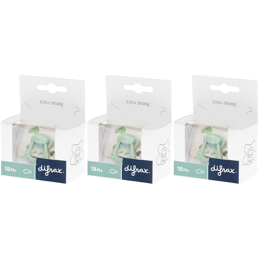 Trois sucettes Difrax "Little Green Dino", 18m+, extra fortes, en emballage individuel.