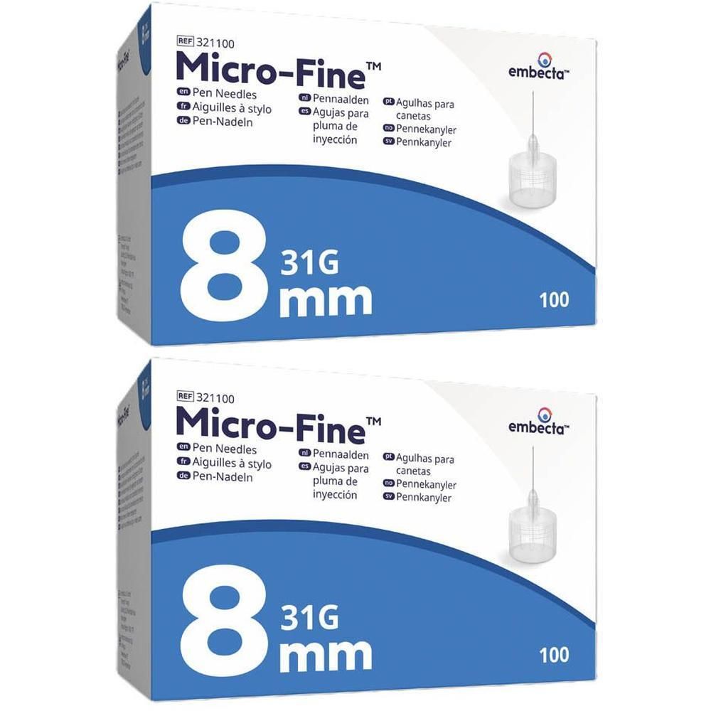 Twee pakken Embecta Micro-Fine pennaalden, 8 mm, 31G, 100 stuks per pak.