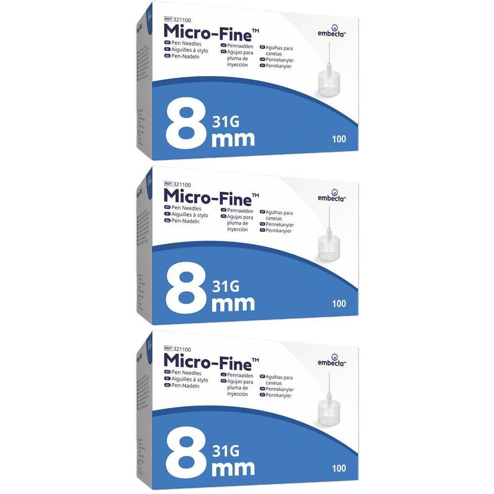 Drie pakken Embecta Micro-Fine pennaalden, 8 mm, 31G.