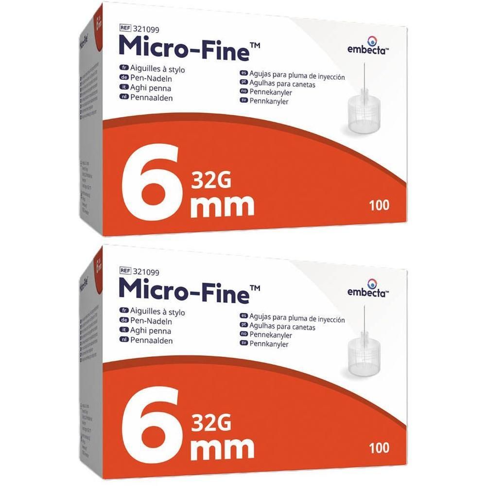 Twee pakken met 100 Embecta Micro-Fine 6mm 32G pennaalden.