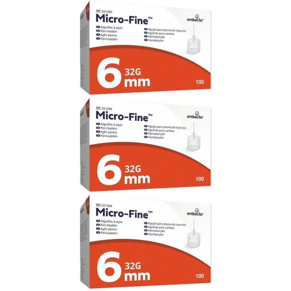 Trois boîtes d'aiguilles pour stylo Embecta Micro-Fine, 6 mm, 32G.