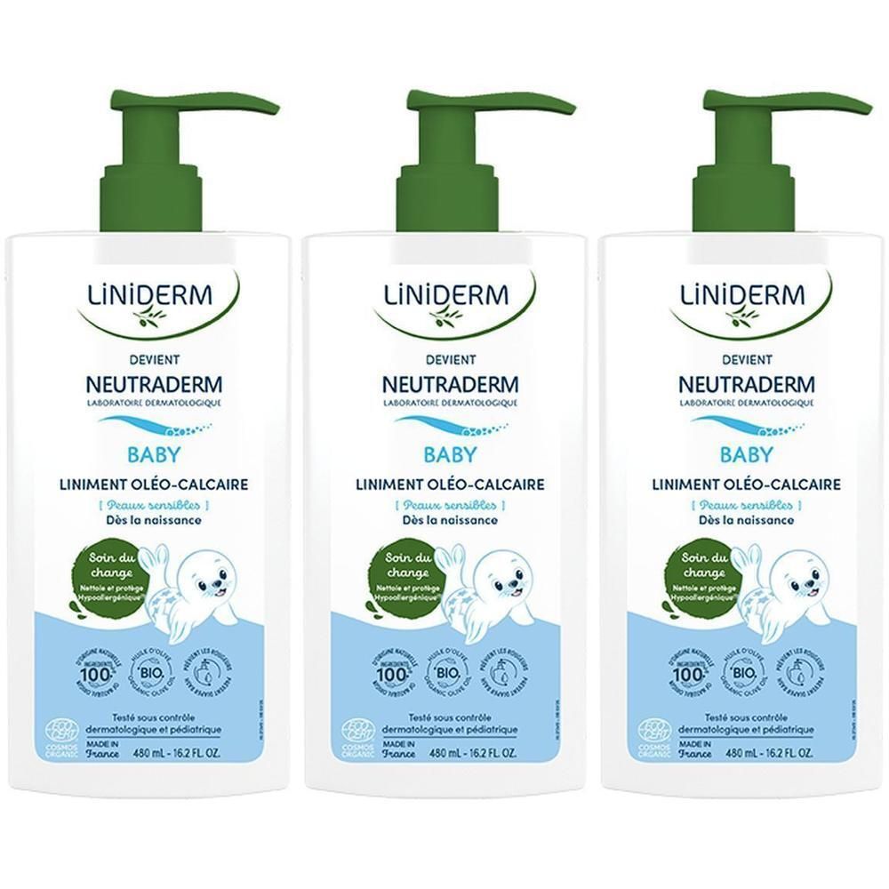 Trois flacons de Liniment Oléo-Calcaire Neutraderm Baby avec pompes.