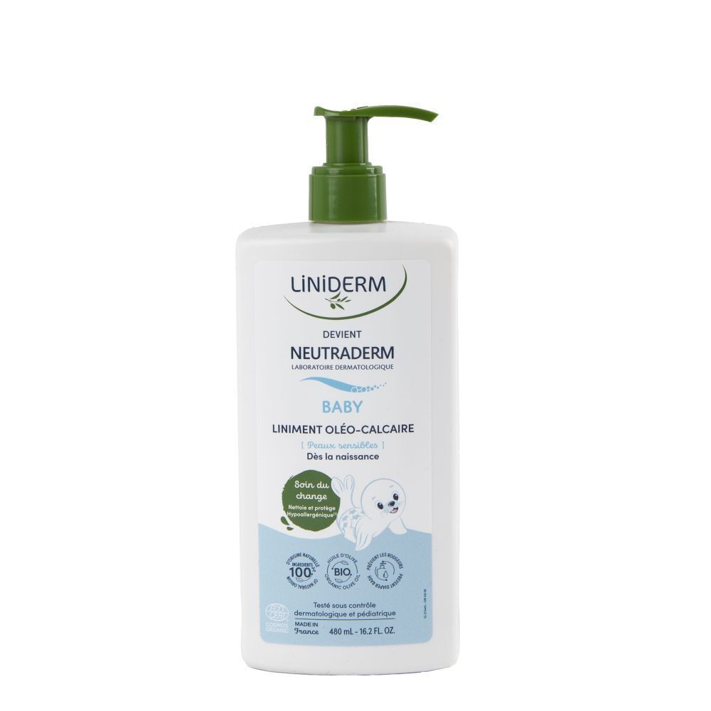 Fles Neutraderm Baby Liniment Oléo-Calcaire met pompdop, voorkant.