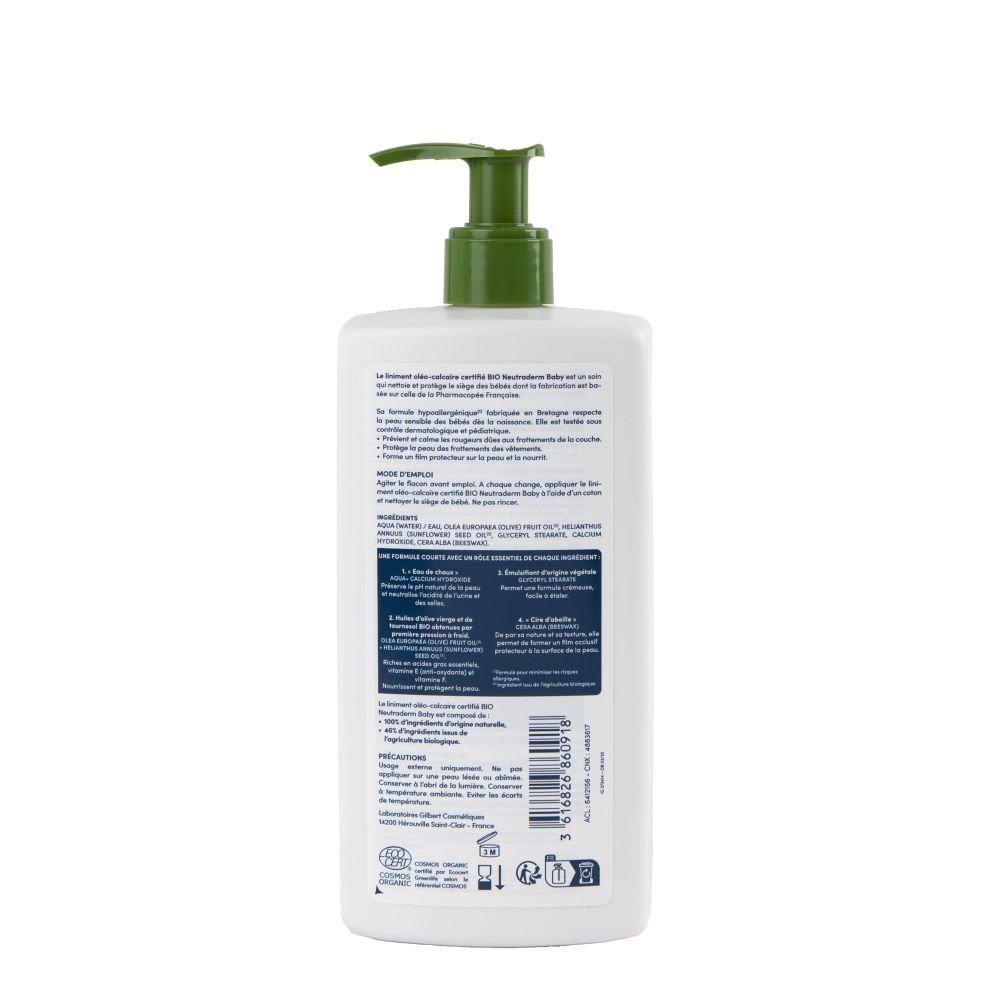 Fles Neutraderm Baby Liniment Oléo-Calcaire met pompdop, achterkant.