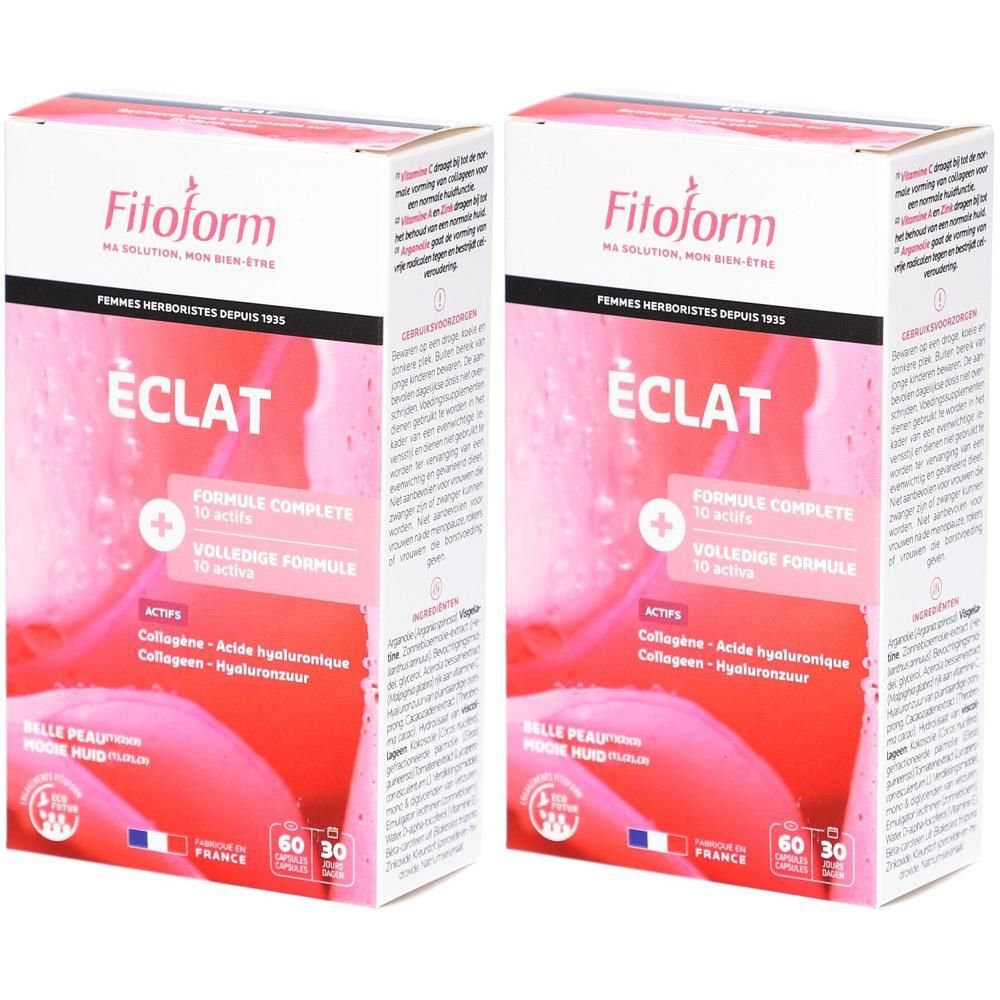 Twee pakken Fitoform Éclat voor een mooie huid. Bevat 60 en 30 capsules.