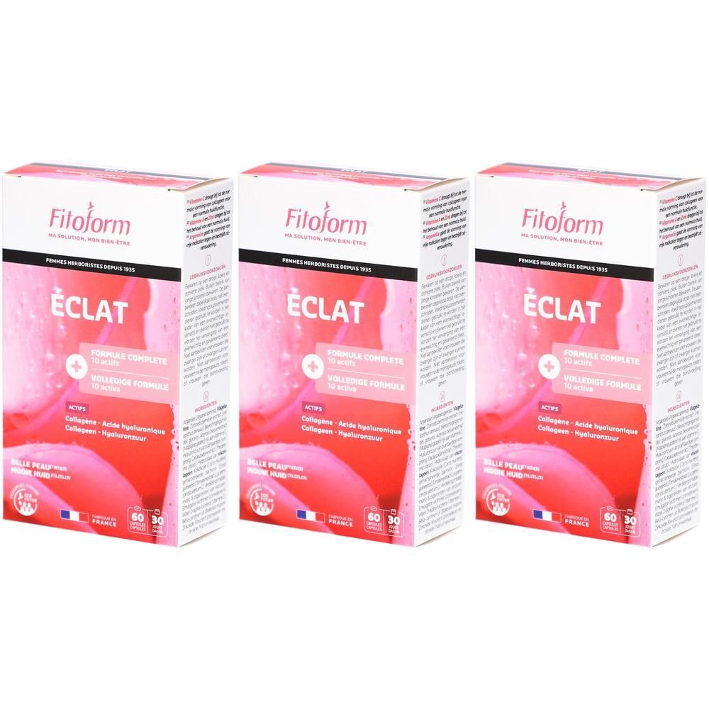 Trois boîtes de Fitoform Éclat pour une belle peau, avec collagène et acide hyaluronique.