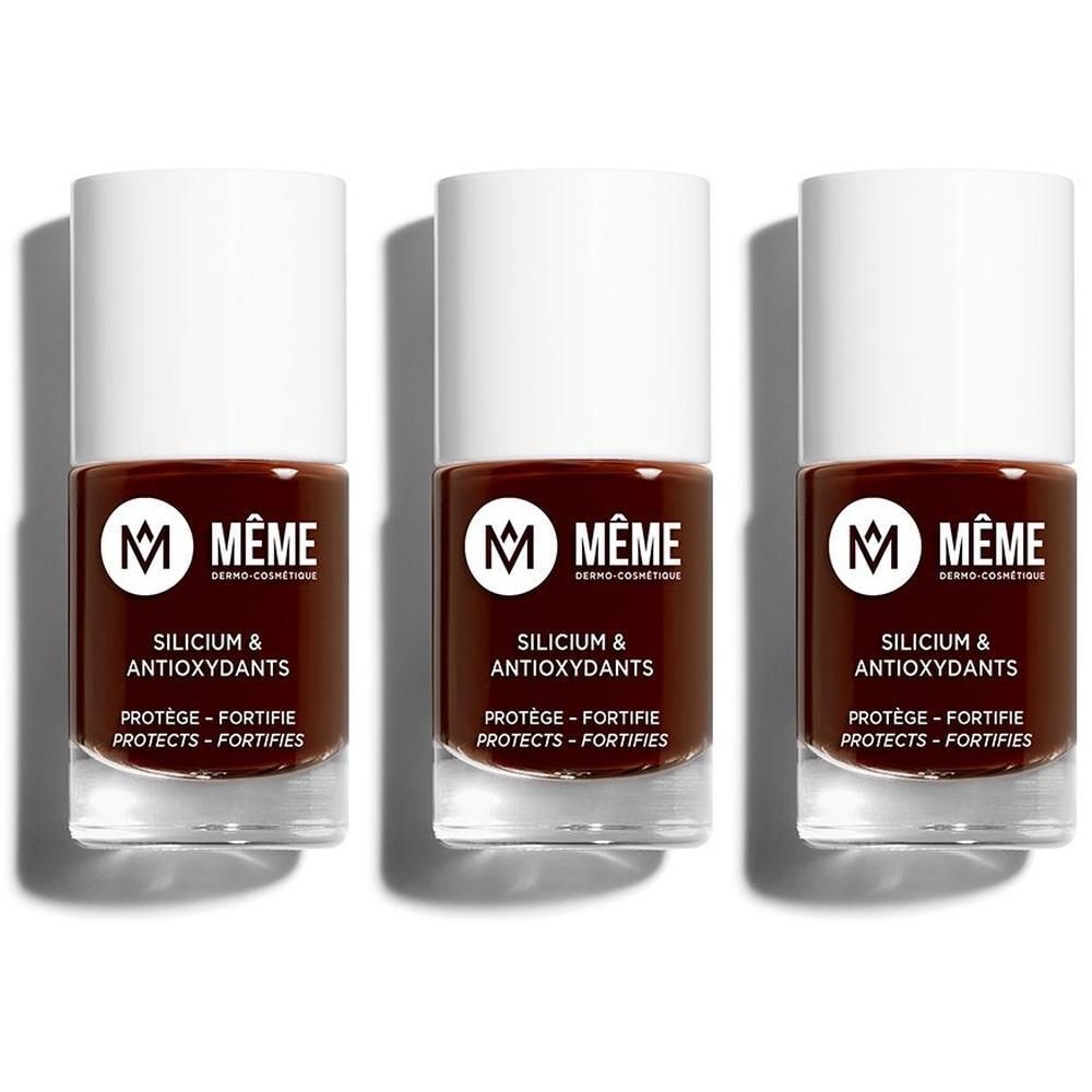 Drie flessen MEME Nagellak met Silicium en Antioxidanten, chocoladekleurig. Transparante flesjes met witte doppen.