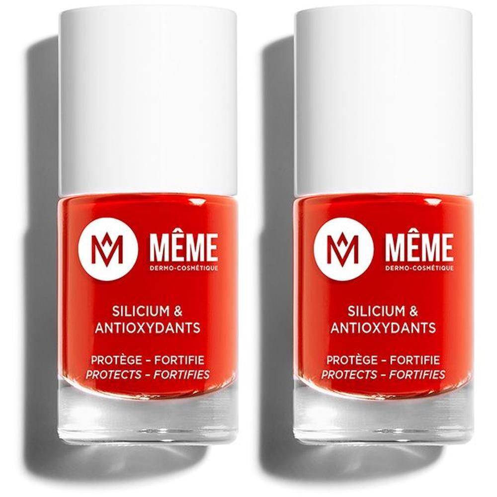 Deux flacons de vernis à ongles orange avec bouchon blanc. Marque MÊME, avec Silicium & Antioxydants.