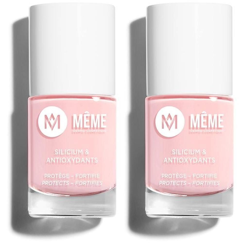 Deux flacons de vernis à ongles rose avec bouchon blanc. Contient Silicium & Antioxydants.