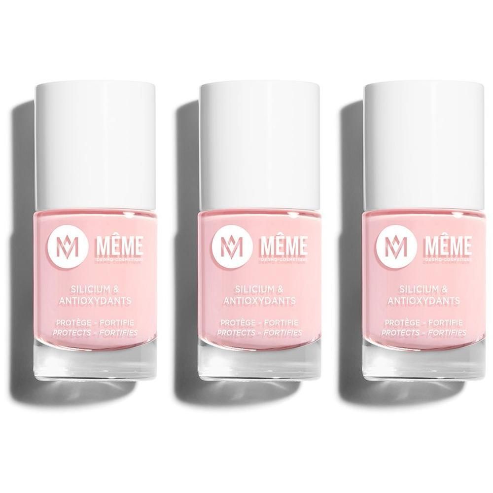 Trois flacons de vernis à ongles rose avec bouchon blanc. Marque MÊME.