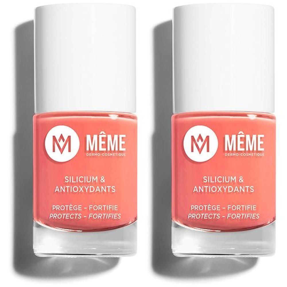 Deux flacons de vernis à ongles MEME Rose Melon. Contient du silicium et des antioxydants.