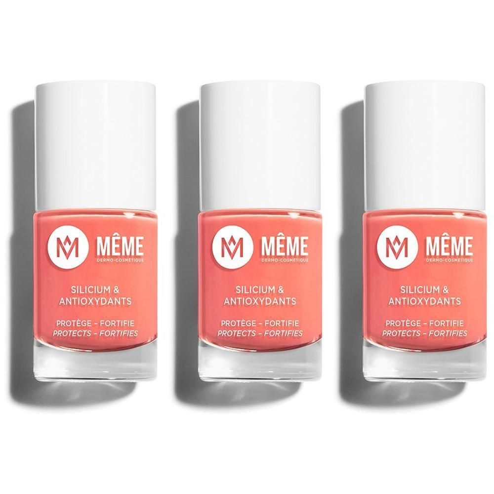 Trois flacons de vernis à ongles corail avec bouchon blanc. Marque MÊME.