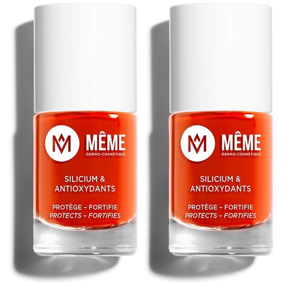 Deux flacons de vernis à ongles orange avec bouchon blanc. Inscription : MÊME, Silicium & Antioxydants.