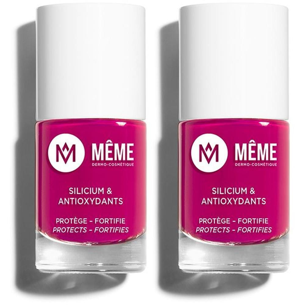 Deux flacons de vernis à ongles rose fuchsia avec bouchon blanc. Marque MÊME, avec Silicium & Antioxydants.