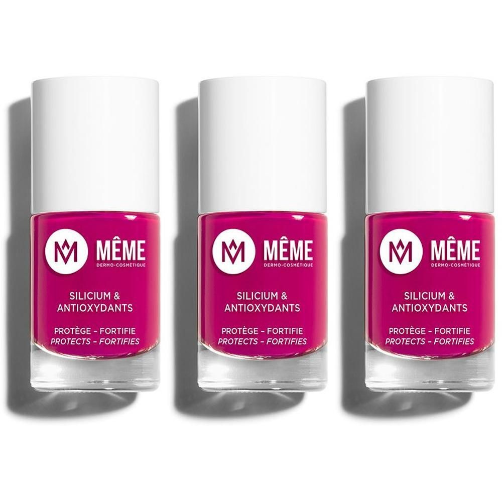 Trois flacons de vernis à ongles rose avec "Silicium & Antioxydants".