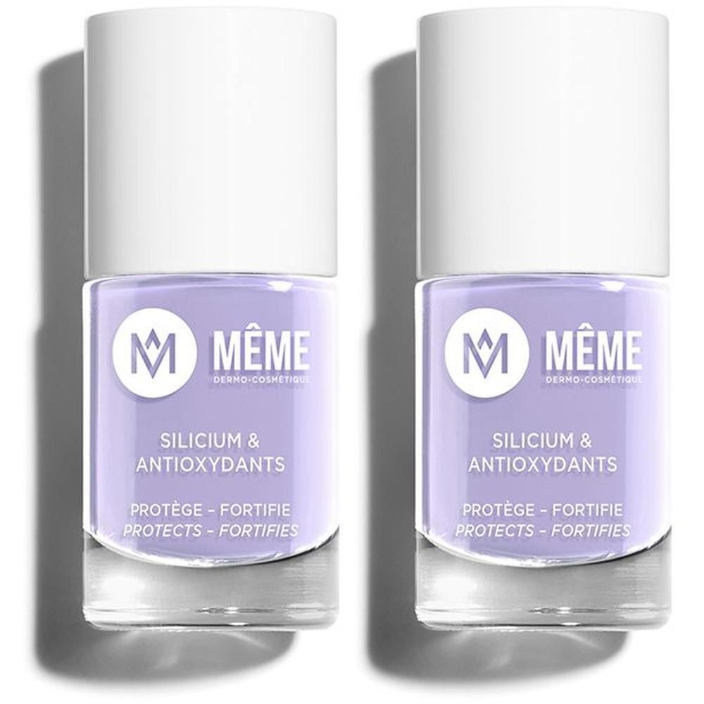 Twee flessen MEME nagellak Vao Lila 21 met silicium en antioxidanten.