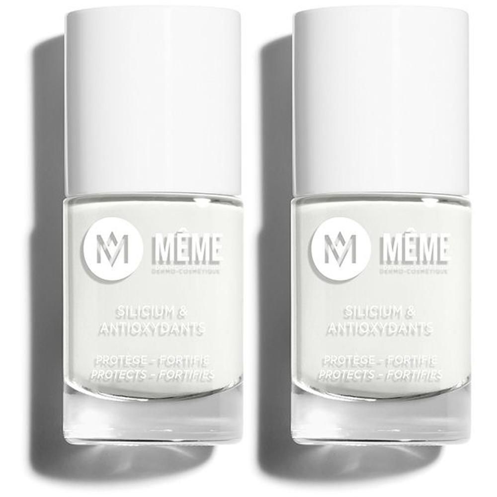Deux flacons de vernis à ongles MEME au silicium et antioxydants. Vernis blanc avec étiquette blanche.