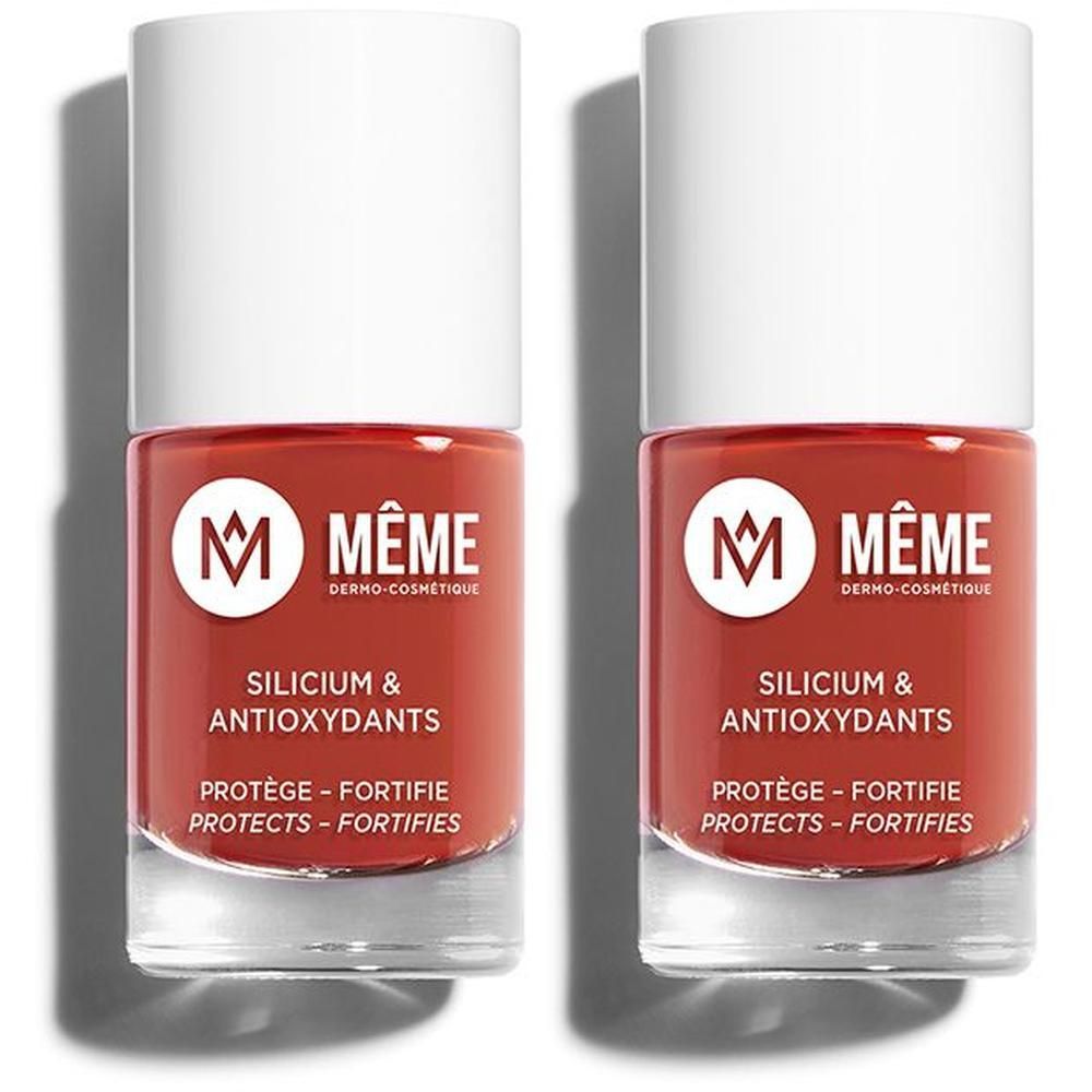 Deux flacons de vernis à ongles avec silicium et antioxydants, couleur brique.