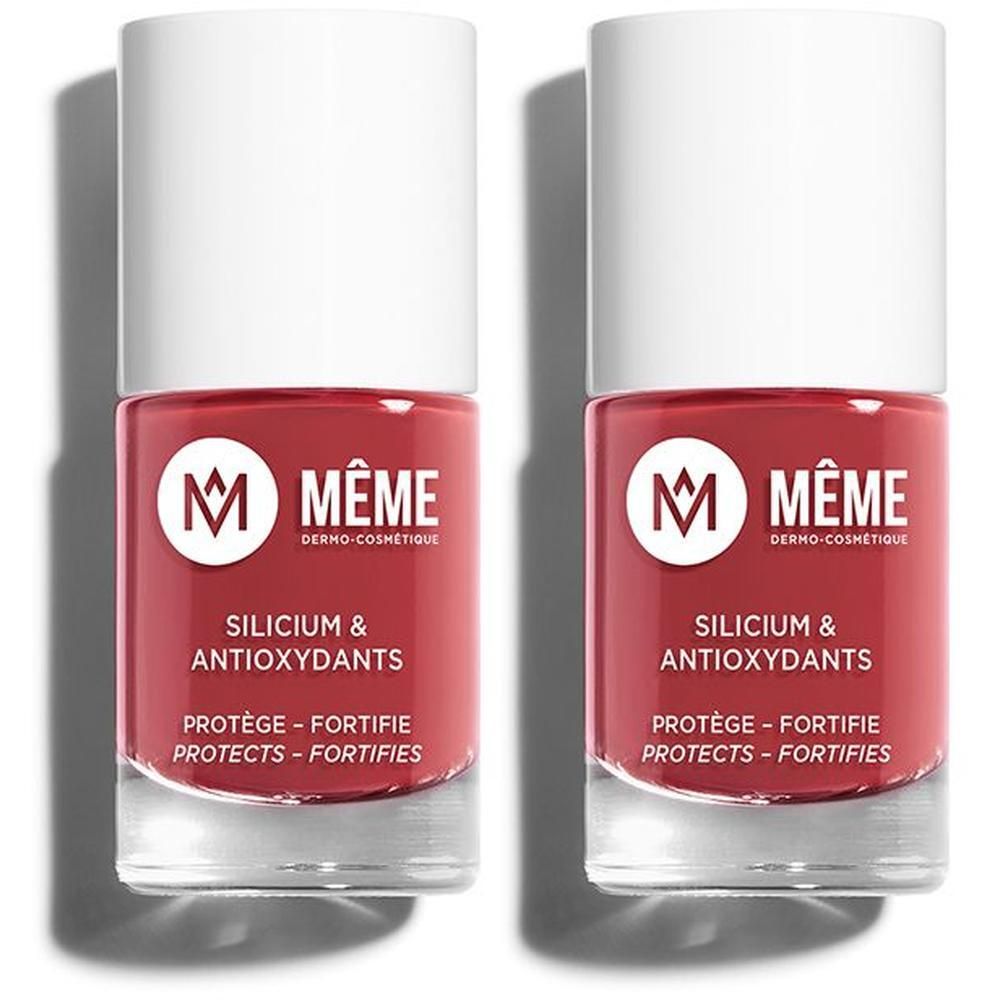 Deux flacons de vernis à ongles rouge avec bouchon blanc. Marque MÊME.