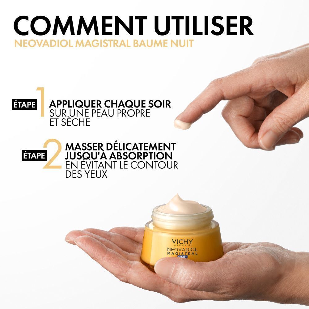 Application de la crème de nuit Vichy Neovadiol Magistral.
