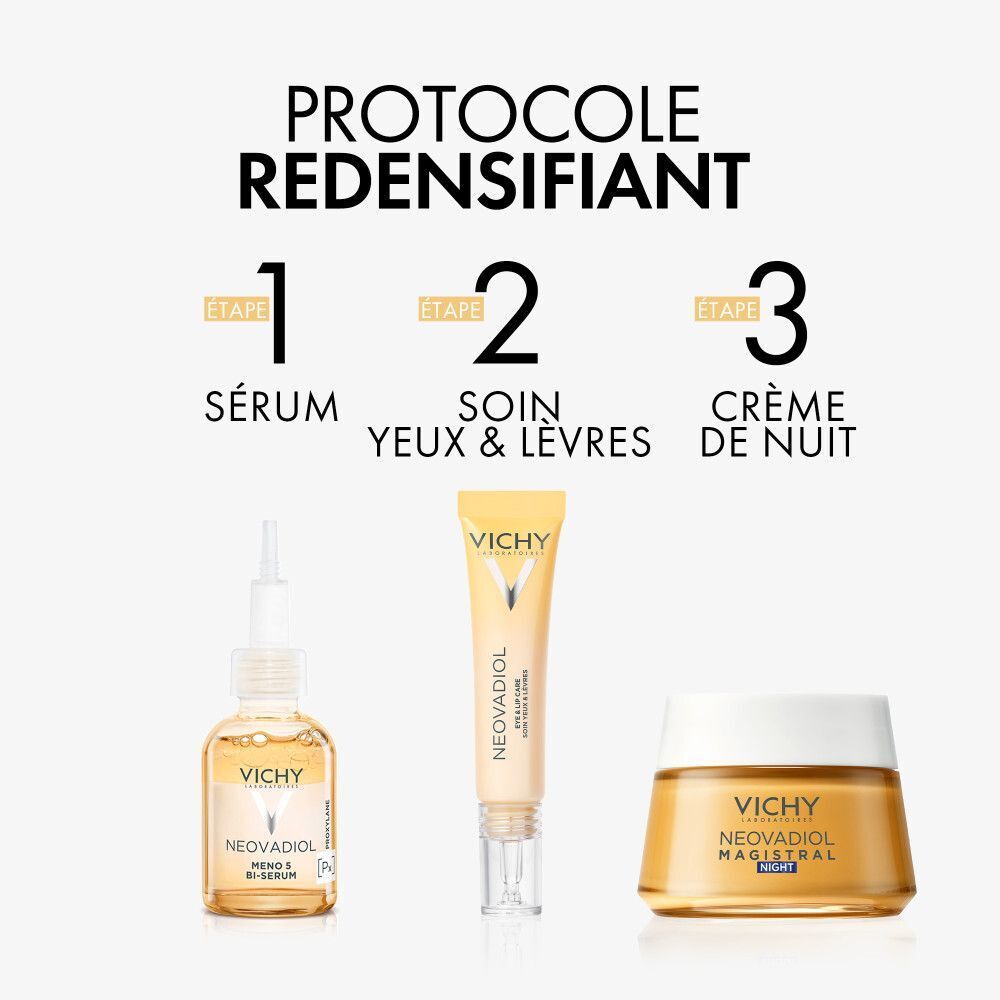 Protocole redensifiant Vichy Neovadiol : sérum, soin yeux, crème nuit.