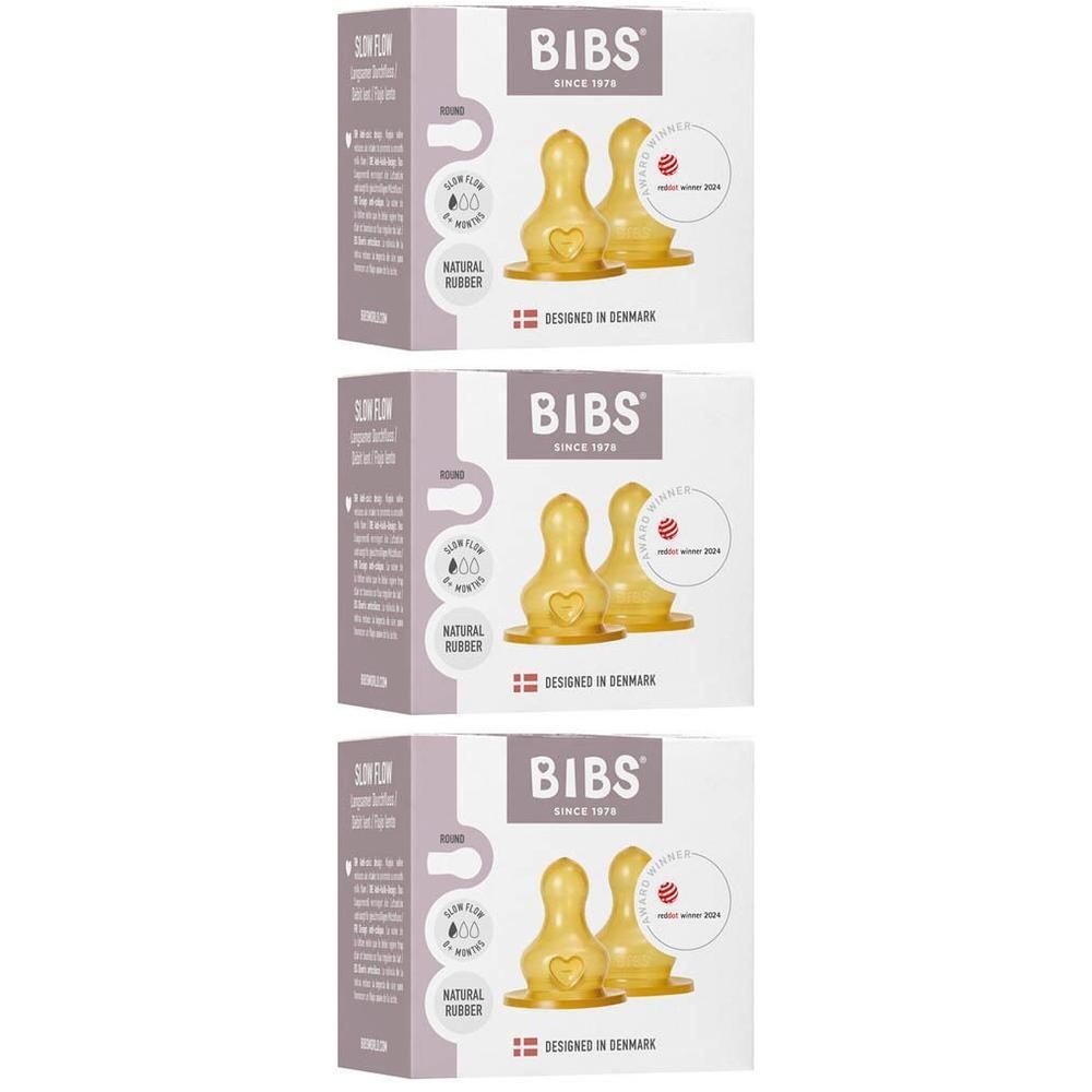 Twee BIBS spenen van natuurrubber in een verpakking. Met hartvormige opdruk en BIBS logo.