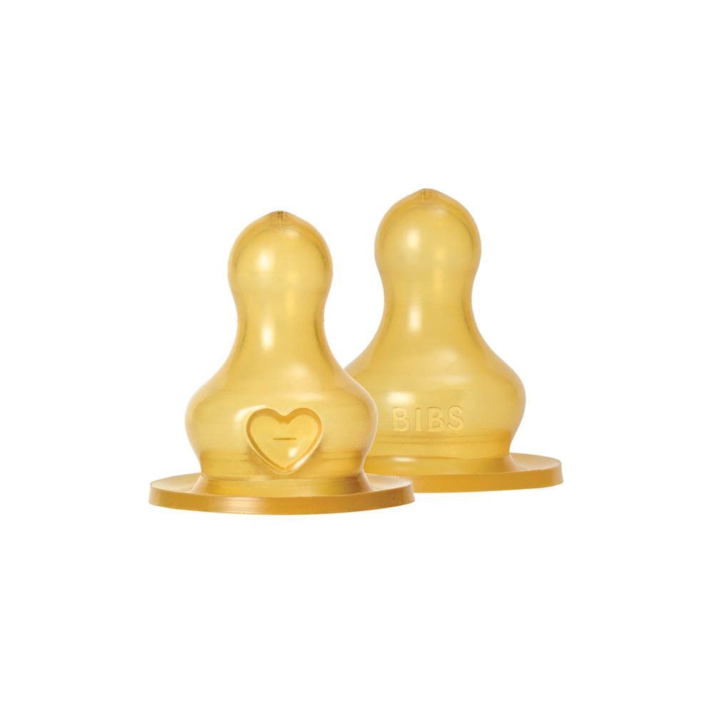 Deux tétines BIBS en caoutchouc naturel avec cœur gravé et système de ventilation.