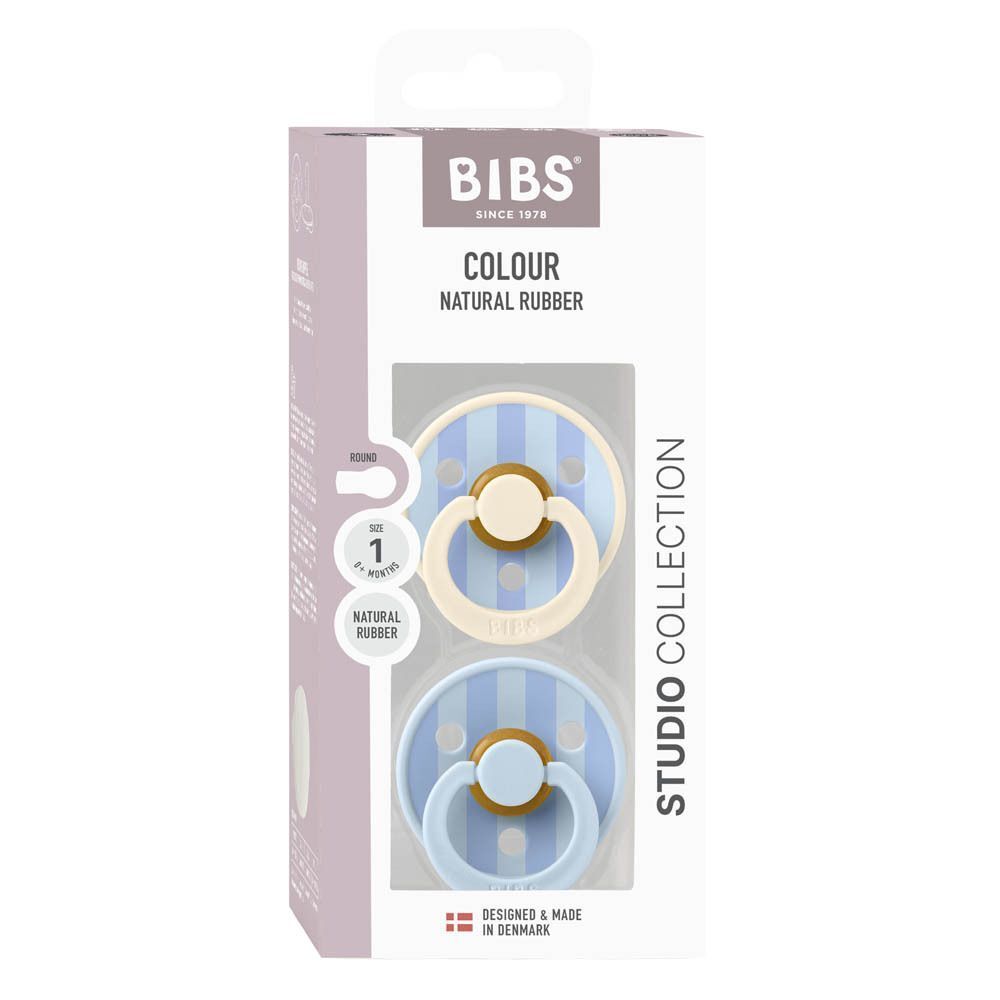 Boîte BIBS Colour Studio Collection avec deux tétines : crème et bleue rayée. Taille 1, caoutchouc naturel.