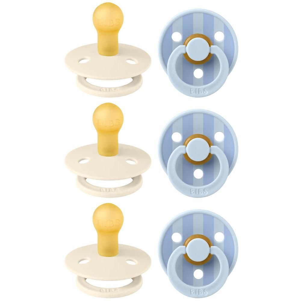 Trois sucettes crème et trois sucettes bleu clair à rayures.