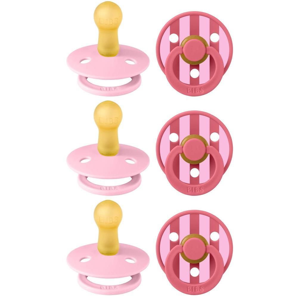 Drie roze BIBS spenen met gele natuurrubberen speen en roze gestreepte schilden.