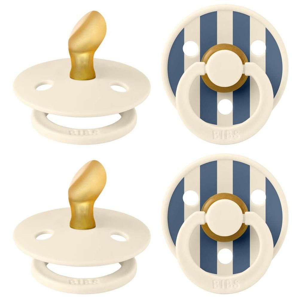 Deux sucettes BIBS : une couleur crème, une à rayures bleues et blanches. Tétine anatomique.