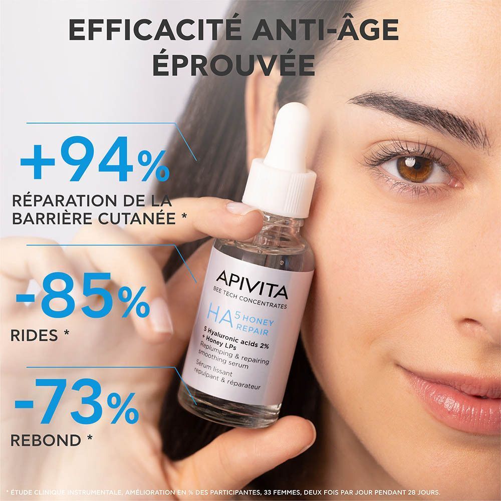 Une femme tient un flacon de sérum Apivita HA5 Honey Repair. Texte : Efficacité anti-âge prouvée.