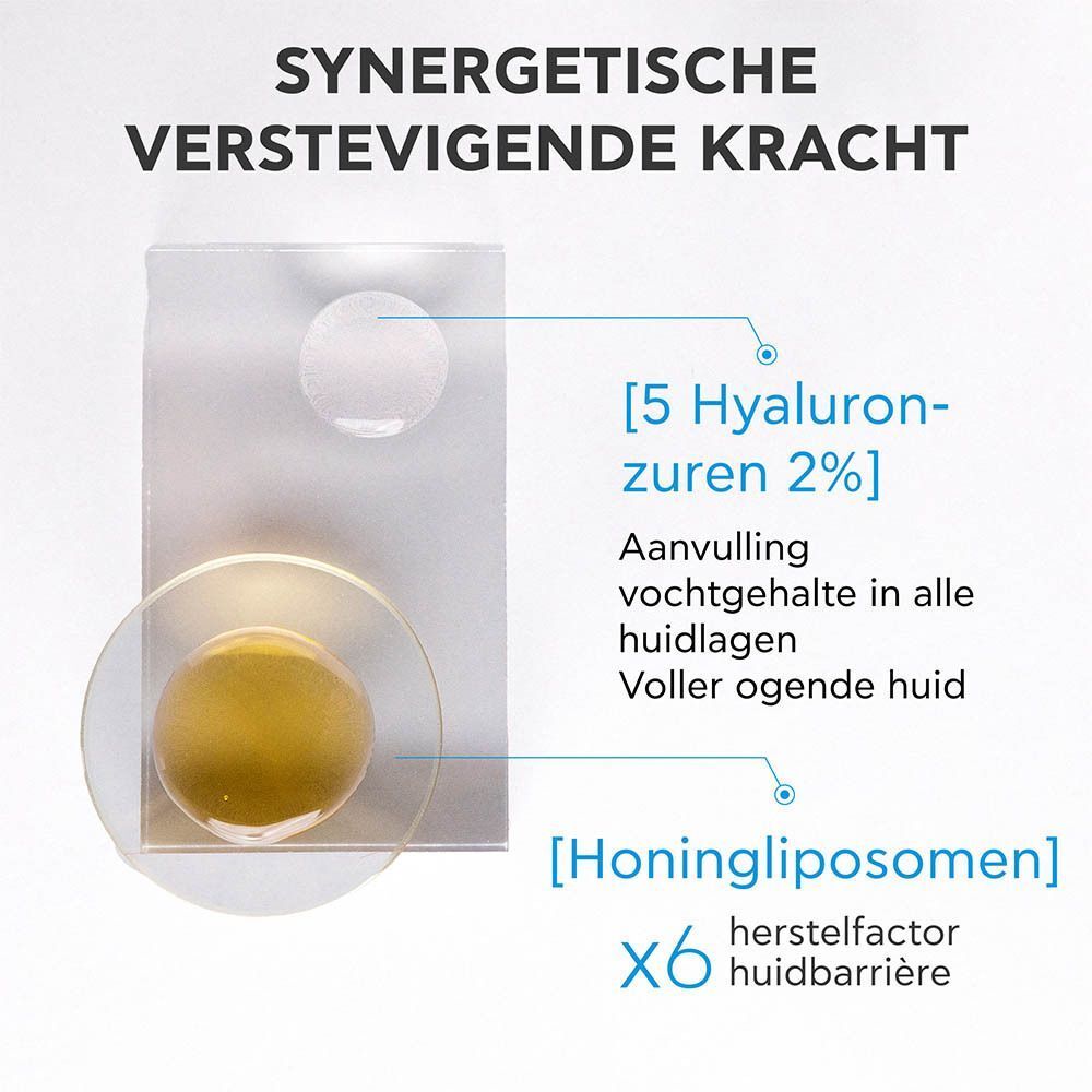 Schematische weergave van hyaluronzuur en honing-LPs in Apivita HA5 Honey Repair serum.