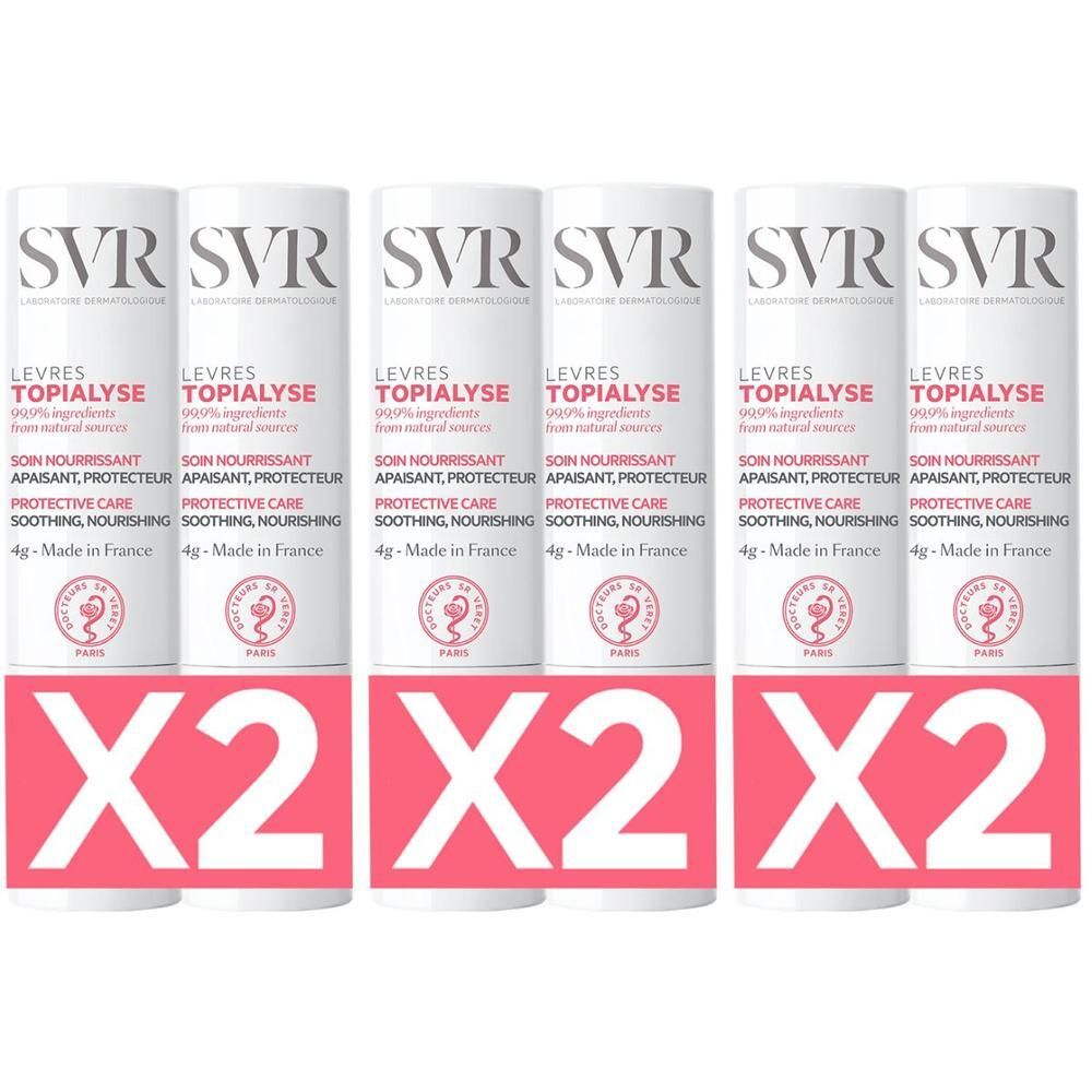 Vier SVR Topialyse lippenbalsems, 4g, met "X2"-aanduiding.