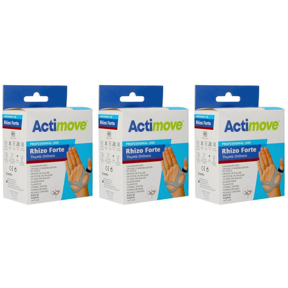 Drie Actimove Rhizo Forte duimbraces in zwarte verpakking.