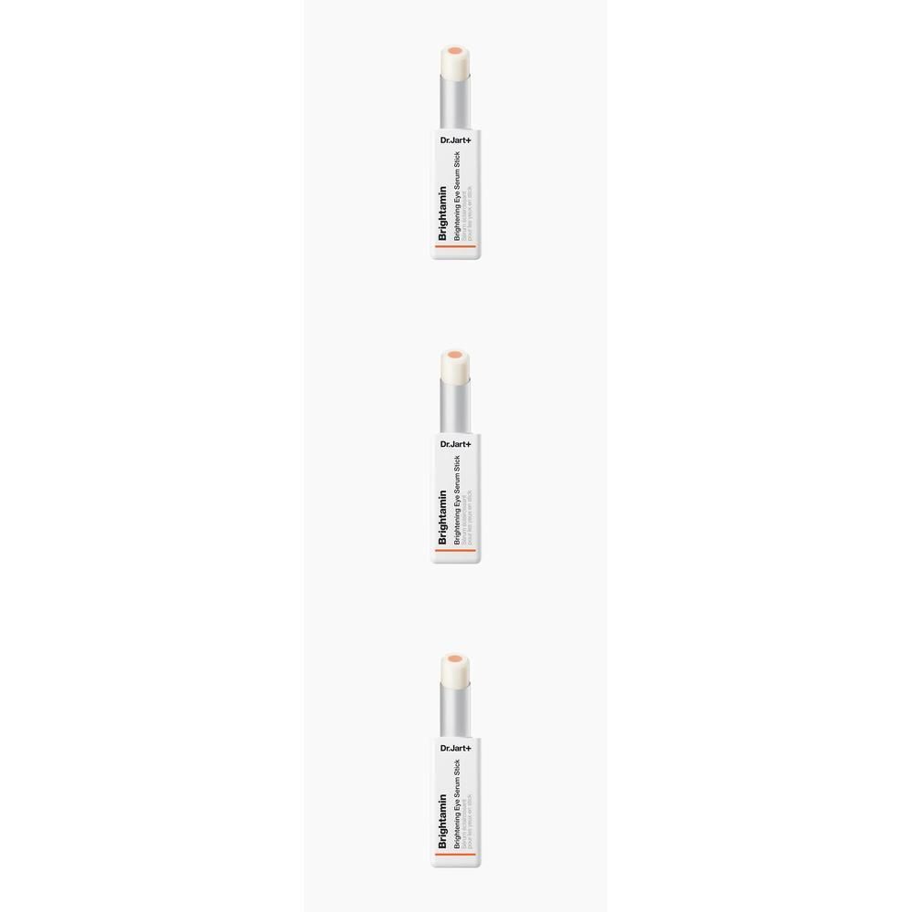 Drie Dr. Jart+ Brightamin Brightening Eye Serum Sticks in witte verpakking met zilveren dop.