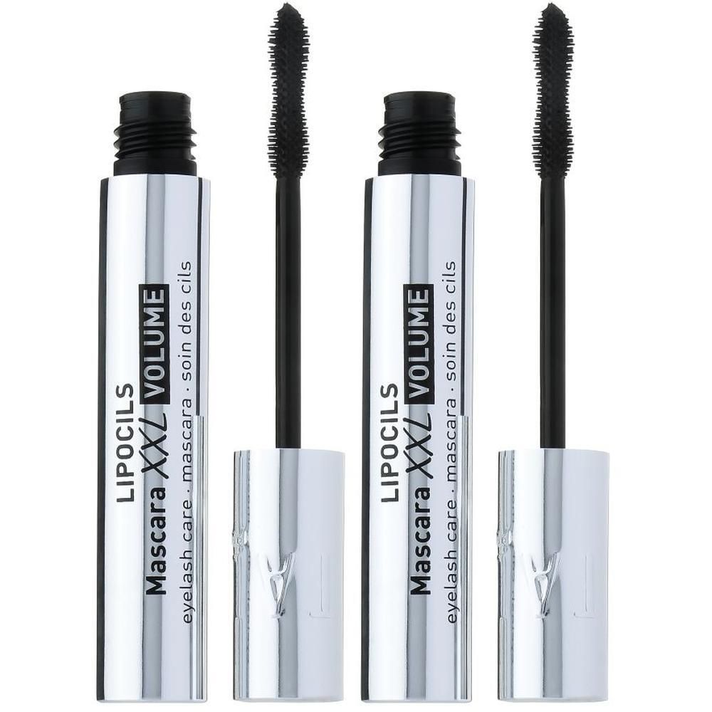 Deux tubes de mascara argentés avec applicateurs noirs pour le volume.
