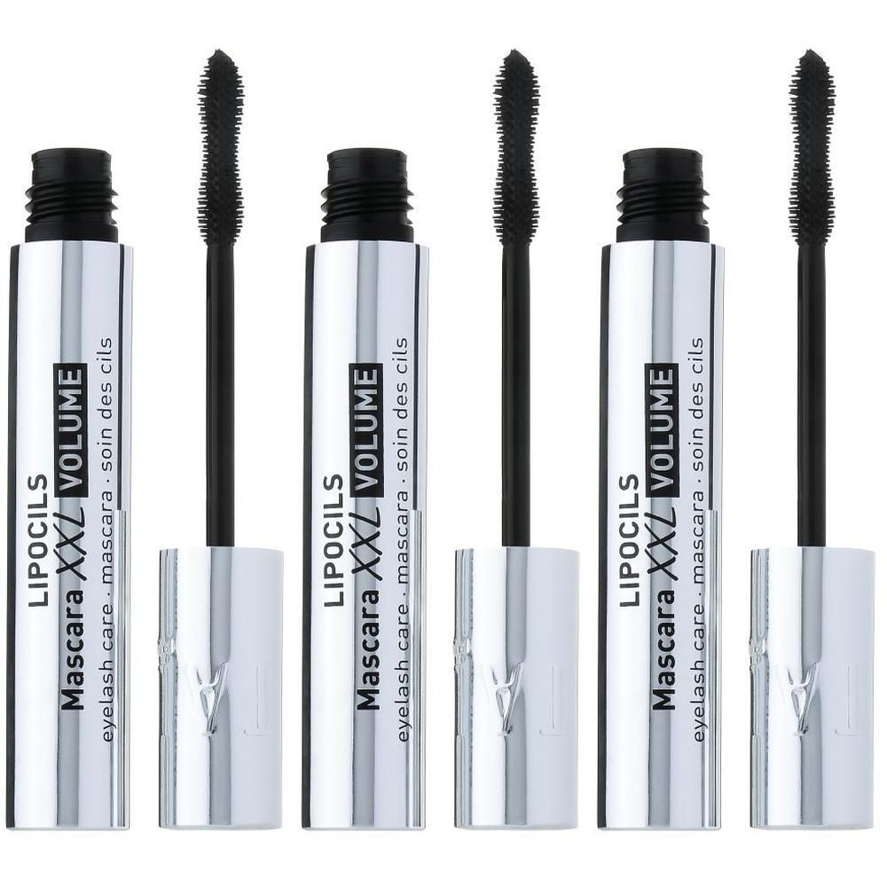 Quatre flacons Talika Lipocils Mascara Volume XXL avec applicateurs ouverts.