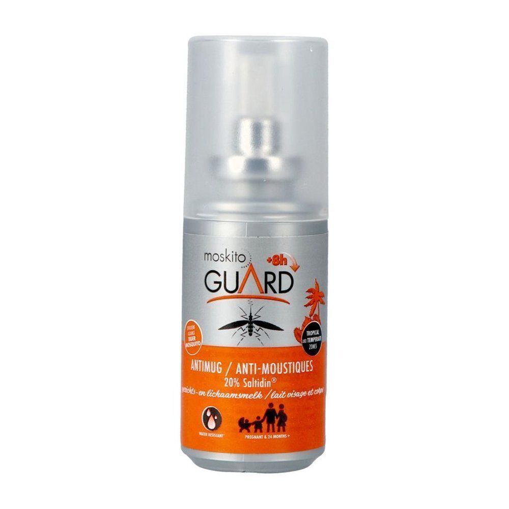 Eén Moskito Guard spuitbus met transparante dop. Zilverkleurige bus met oranje etiket met een mug erop.