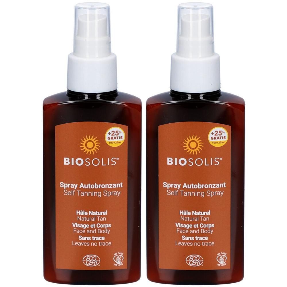 Deux flacons de spray autobronzant Biosolis avec pompe. Bronzage naturel pour le visage et le corps.