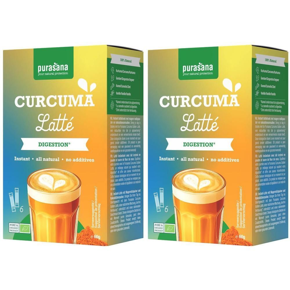 Twee pakken Purasana Curcuma Latte Bio met een glas van de drank.