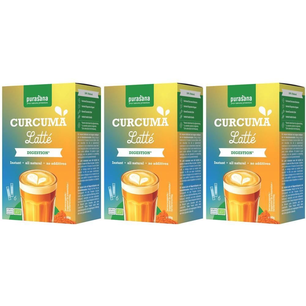 Drie pakken Purasana biologische kurkuma latte met een glas drank.